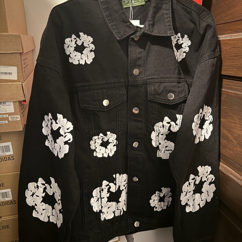 Black Denim Jacket with White Floral Design